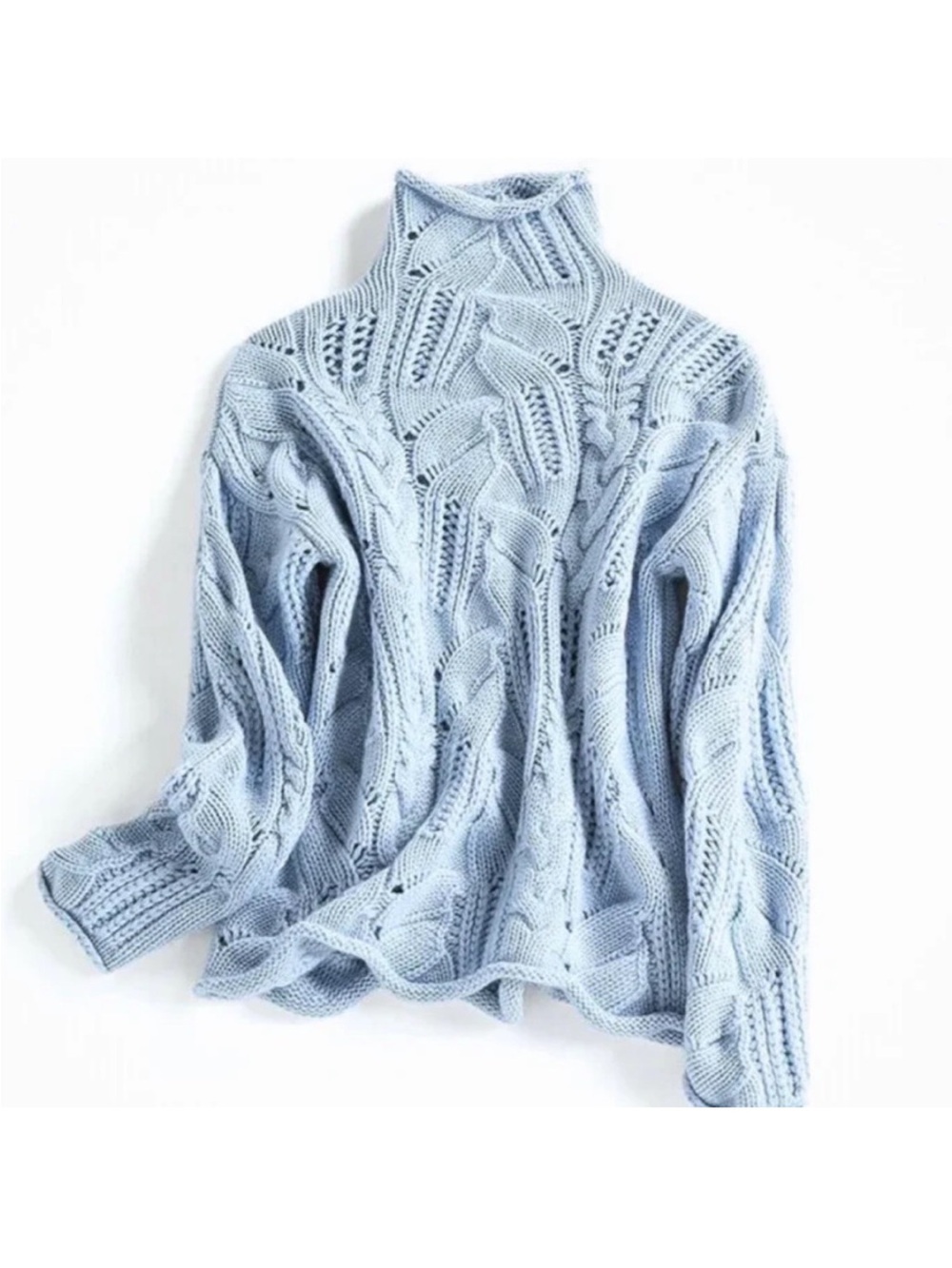 Light Blue Cable Knit Turtleneck Sweater - Women
